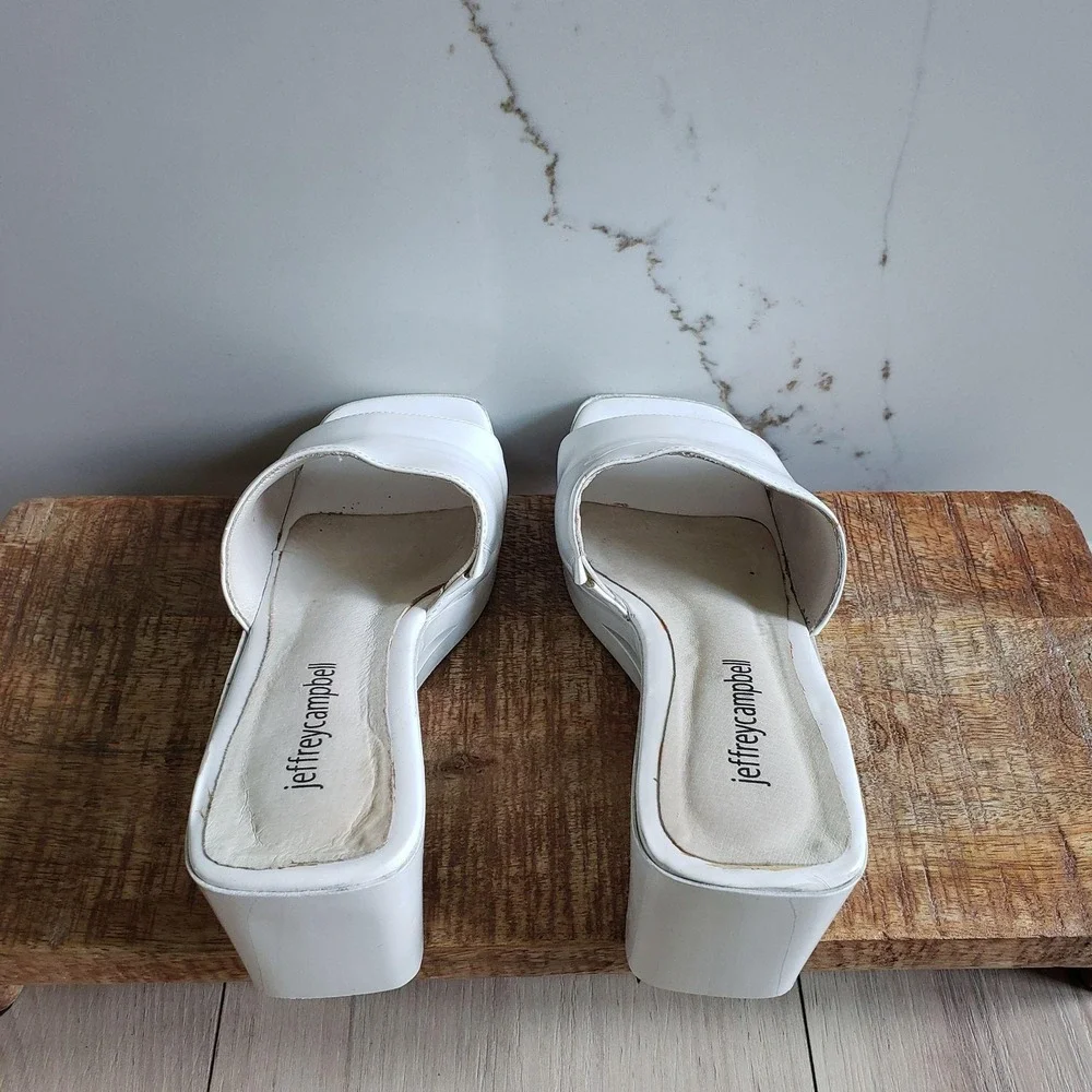Jeffrey Campbell Sandals Womens 6 White Patent Slide Block Heel Platform Shoes